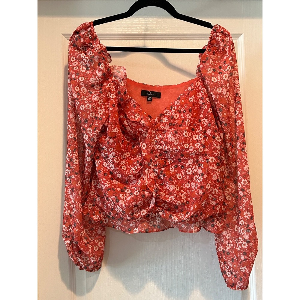 Lulu's XL Floral Print Long sleeve Ruffled Crop Top Sweetheart Neckline